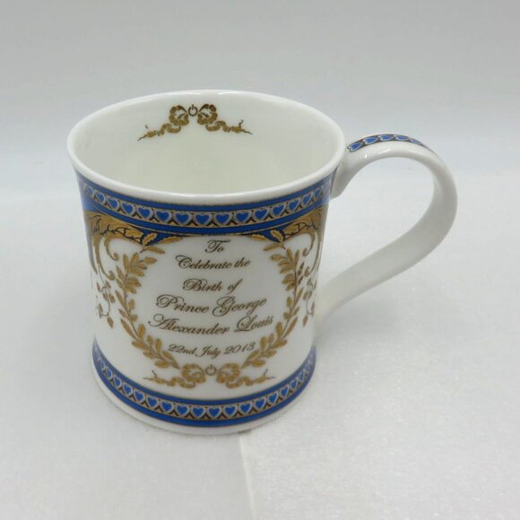 Prince George Birth Mug Dunoon Fine Bone China England Blue & Gold Heart Pattern - Picture 2 of 10